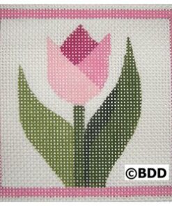 Pink tulip needlepoint with green leaves