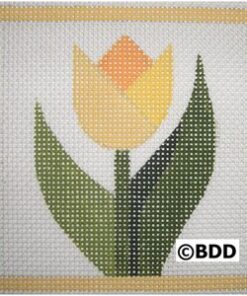 Stylized yellow tulip needlepoint with green leaves