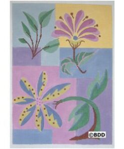 A painting of flowers and leaves on a blue background.