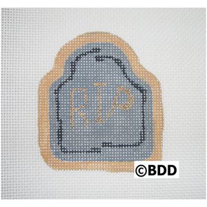 A cross stitch of a tombstone with the word rip written on it.