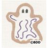 A cookie ghost with purple icing on it.