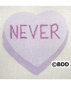 Heart-shaped candy with "NEVER" text.