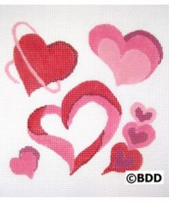 A group of hearts with different colors and sizes.