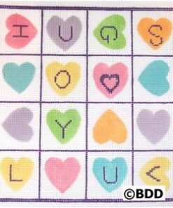 A square of hearts with the words " hugs ", " joy ," and " love ".