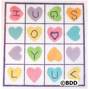 A square of hearts with the words " hugs ", " joy ," and " love ".