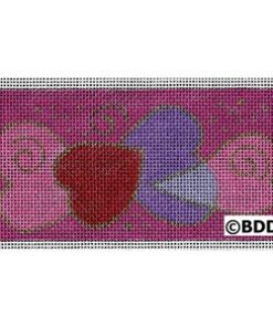 A pink and purple background with a red heart.