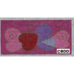 A pink and purple background with a red heart.