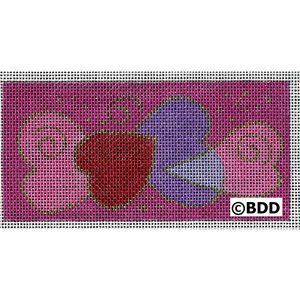 A pink and purple background with a red heart.