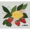 A painting of lemons and strawberries on a white background.