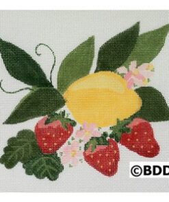 A painting of lemons and strawberries on a white background.