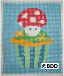 A picture of a cupcake with a red mushroom on it.