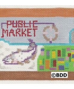 A picture of the public market in a cross stitch pattern.