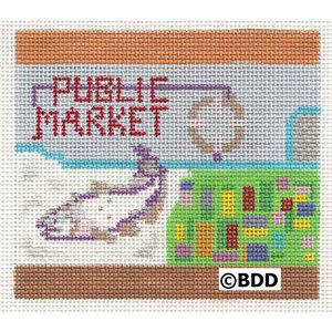 A picture of the public market in a cross stitch pattern.