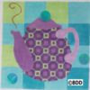 A purple teapot with a blue and green checkered background.