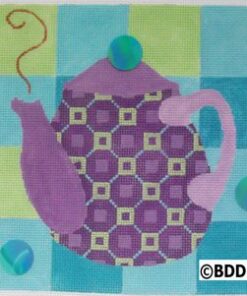 A purple teapot with a blue and green checkered background.