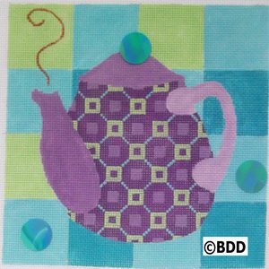 A purple teapot with a blue and green checkered background.