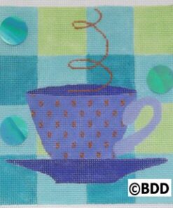 A blue cup with a brown handle and saucer.