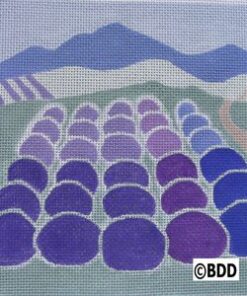 Stylized purple flower field and mountain range