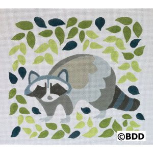 A painting of a raccoon in the leaves.