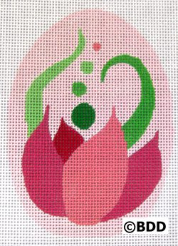 A pink and green flower with a circle of dots.