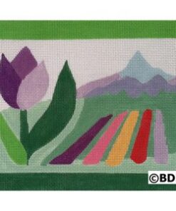 A painting of a flower and some mountains.