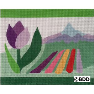 A painting of a flower and some mountains.