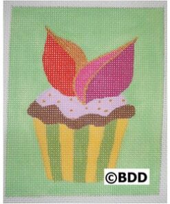 A green background with a cupcake and leaves.