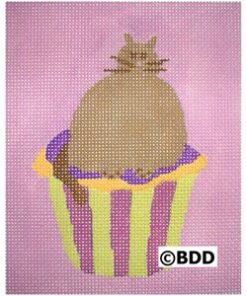 A cat sitting in a cup on top of a purple background.