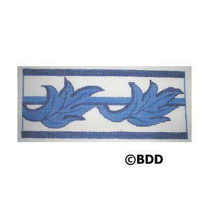 A blue and white border with leaves.