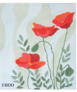 Three red poppies with green foliage