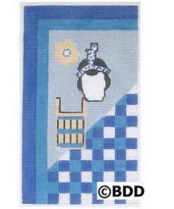 A blue and white checkered background with a penguin.