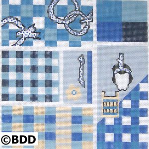 A blue and white checkered pattern with various designs.