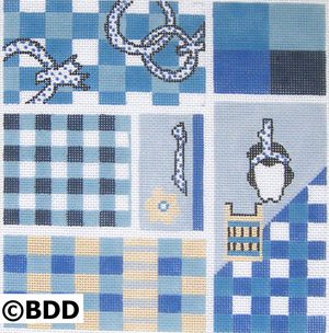 A blue and white checkered pattern with various designs.