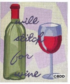 A bottle and glass of wine with the words " will stitch for wine ".