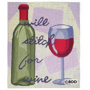 A bottle and glass of wine with the words " will stitch for wine ".