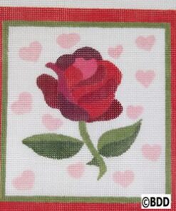 A red rose with pink hearts on it.