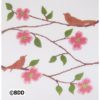 A cross stitch pattern of two birds on branches with pink flowers.