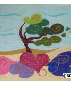 A painting of a tree with swirls and hearts.
