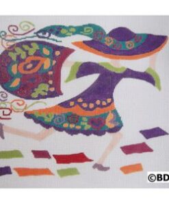 A colorful painting of a woman running.