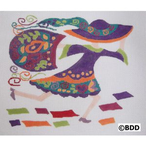 A colorful painting of a woman running.