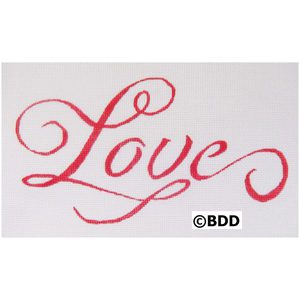 A red love word is written in cursive.