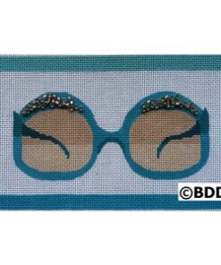 A blue frame with a pair of glasses on it.