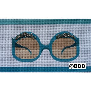 A blue frame with a pair of glasses on it.