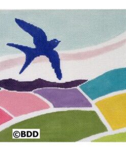 A blue bird flying over a colorful field.