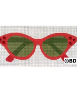 A red sunglasses with green lenses and ladybug accents.