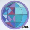 A round painting of a blue and purple geometric design.