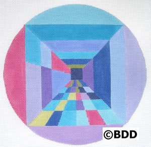 A painting of an abstract tunnel with blue and pink colors.