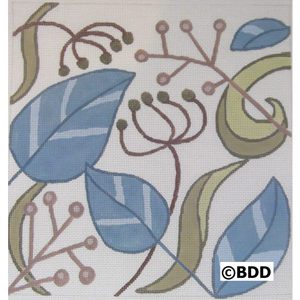 A painting of leaves and flowers on a white background.