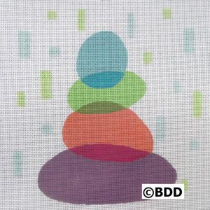 A painting of four stacked rocks with different colors.