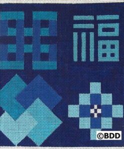 A blue square with four different designs in it.